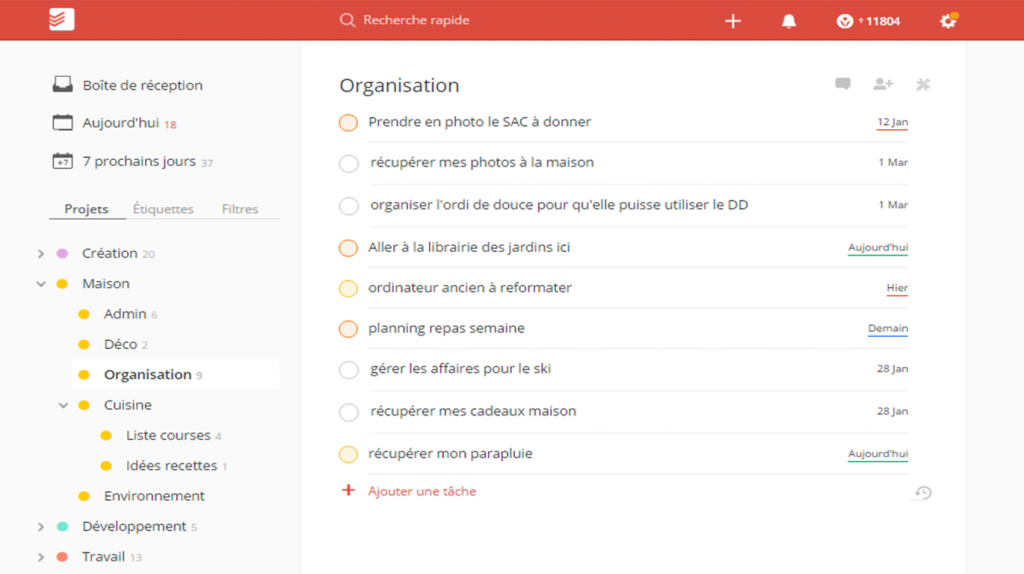 copie d'écran du logiciel d'organisation todoist