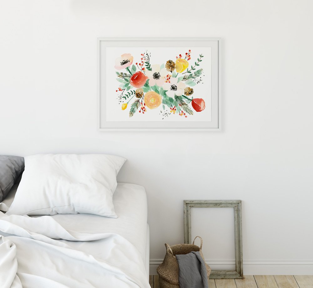 mockup d'une aquarelle dans un cadre accroché au mur d'une chambre