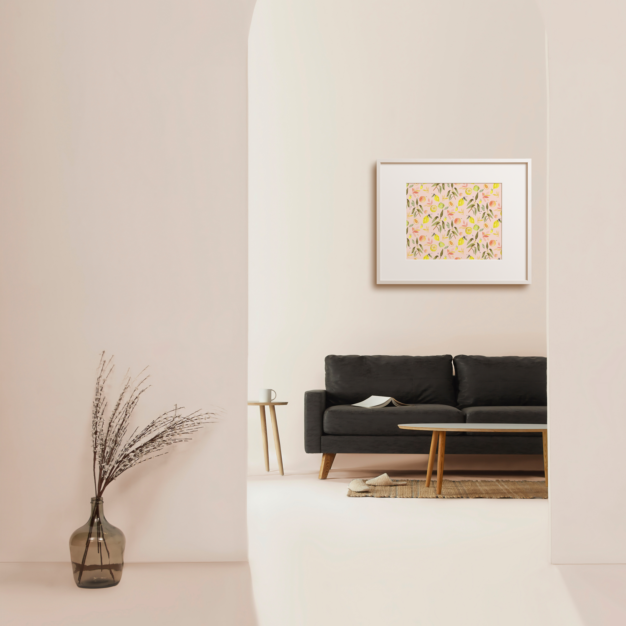 mockup d'un tableau à l'aquarelle encadré dans un salon
