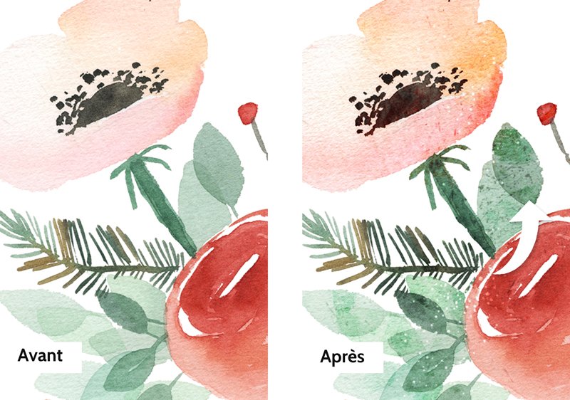 aquarelle numérisée sur laquelle est ajouté de la texture sur Photoshop