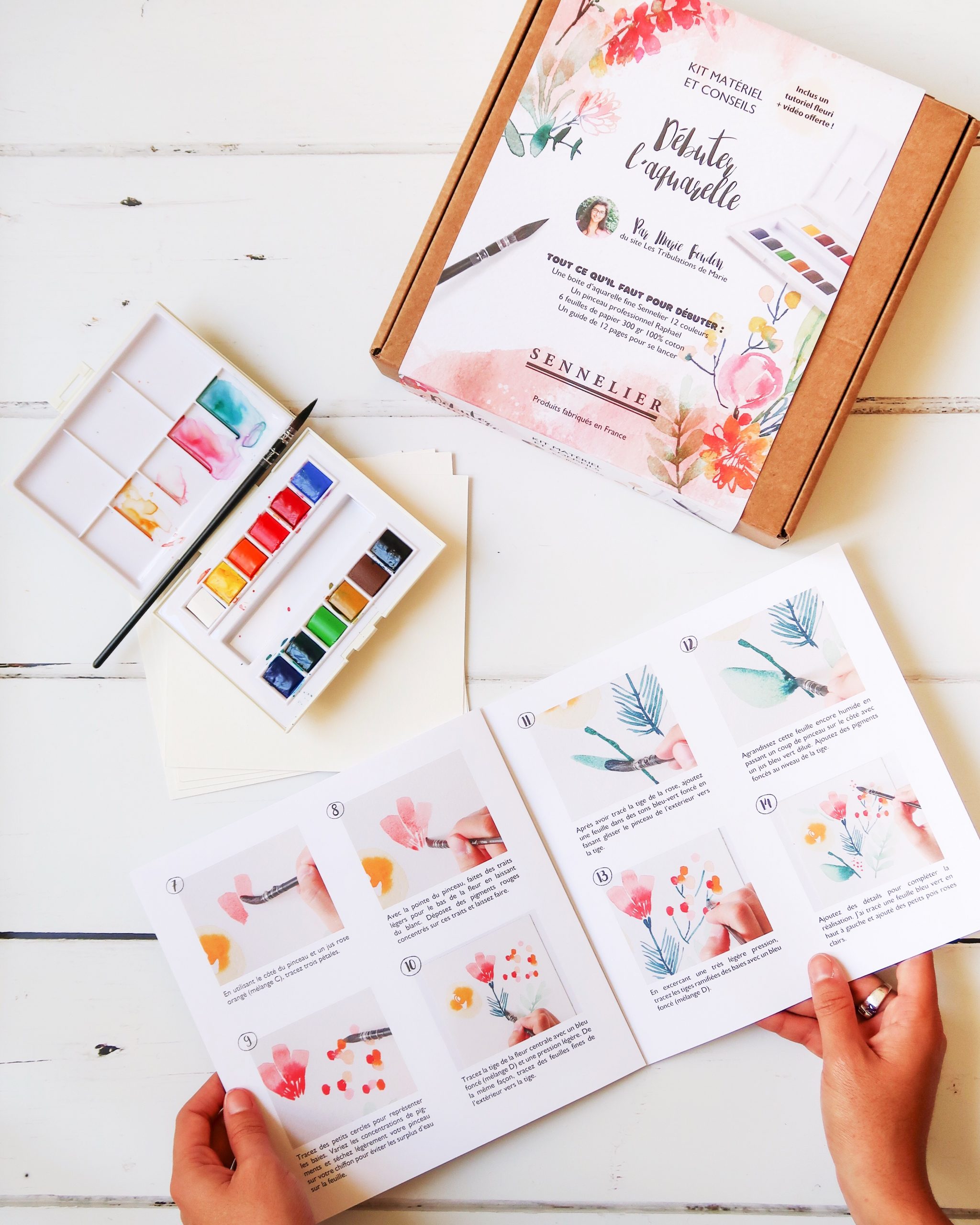 contenu du kit fleurs pour débuter l'aquarelle