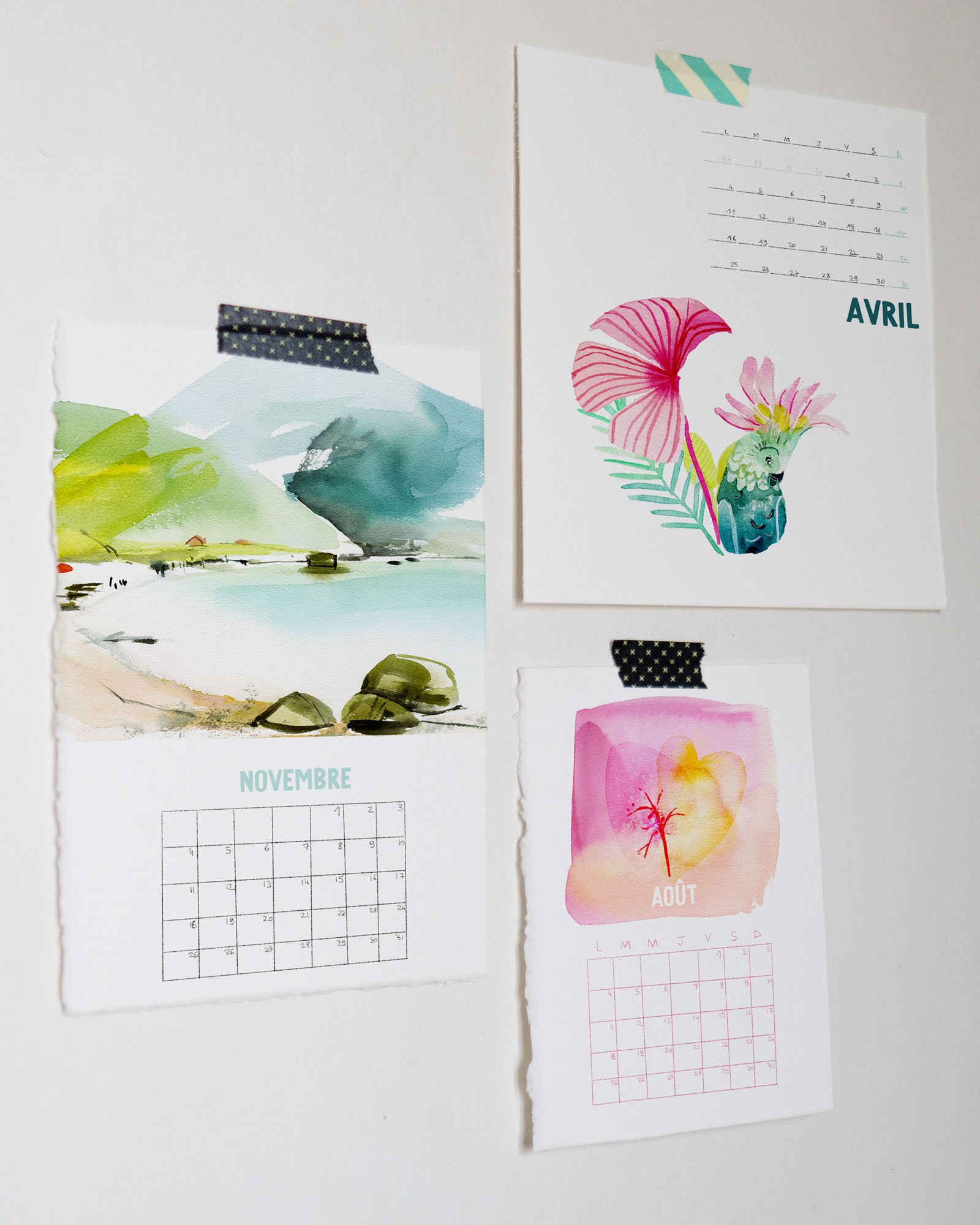 trois calendriers à l'aquarelle