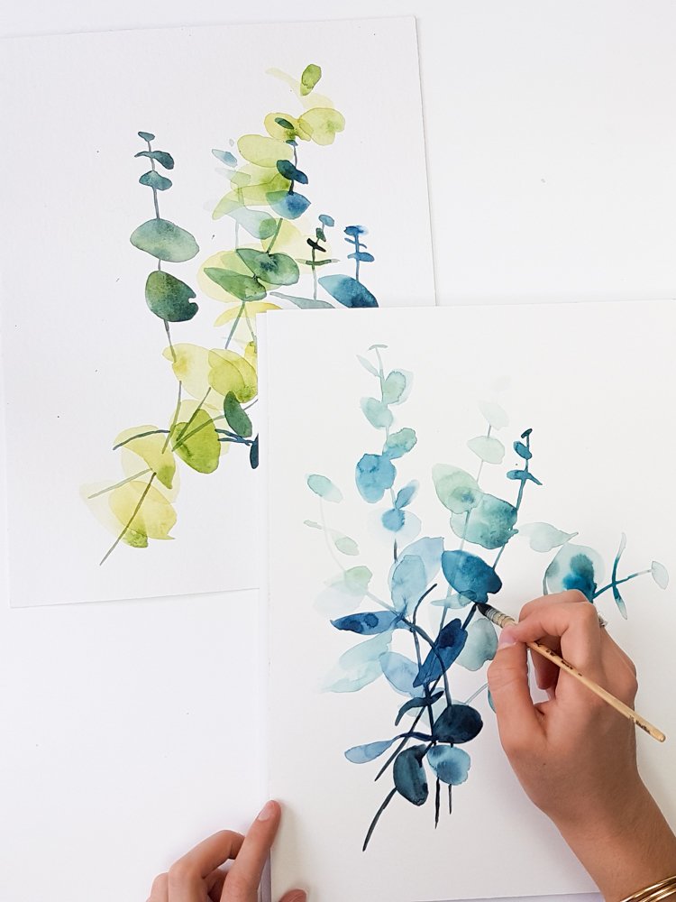 deux créations à l'aquarelle de bouquets d'eucalyptus