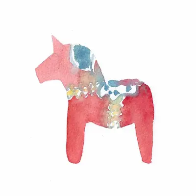 Cheval peint à l'aquarelle en rouge.