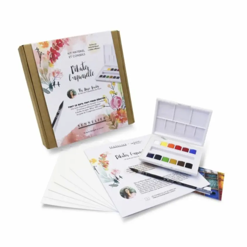 Kit débuter l'aquarelle par Marie Boudon & Sennelier. Kit fermé + éléments du kit : palette, pinceau, guide, papier