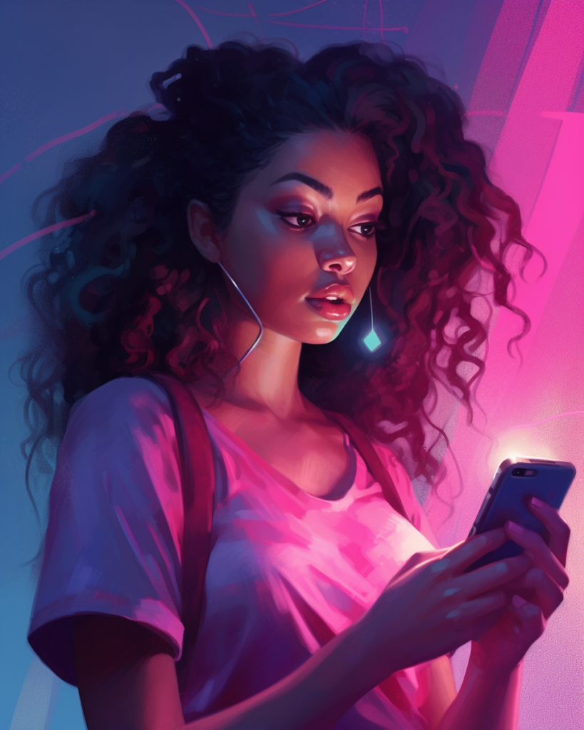 femme qui regarde son téléphone ambiance rose