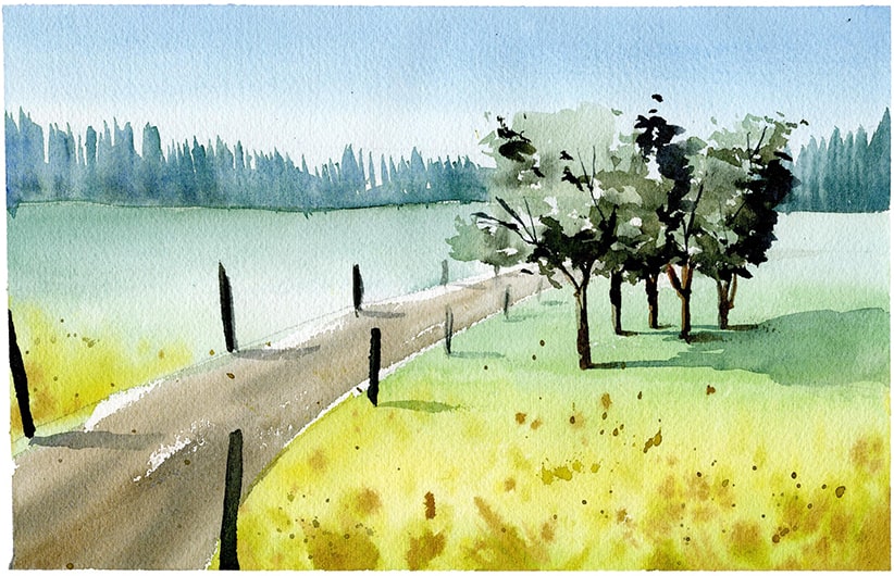 Paysage de campagne avec des arbres à l'aquarelle