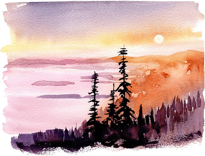 Paysage de coucher de soleil à l'aquarelle