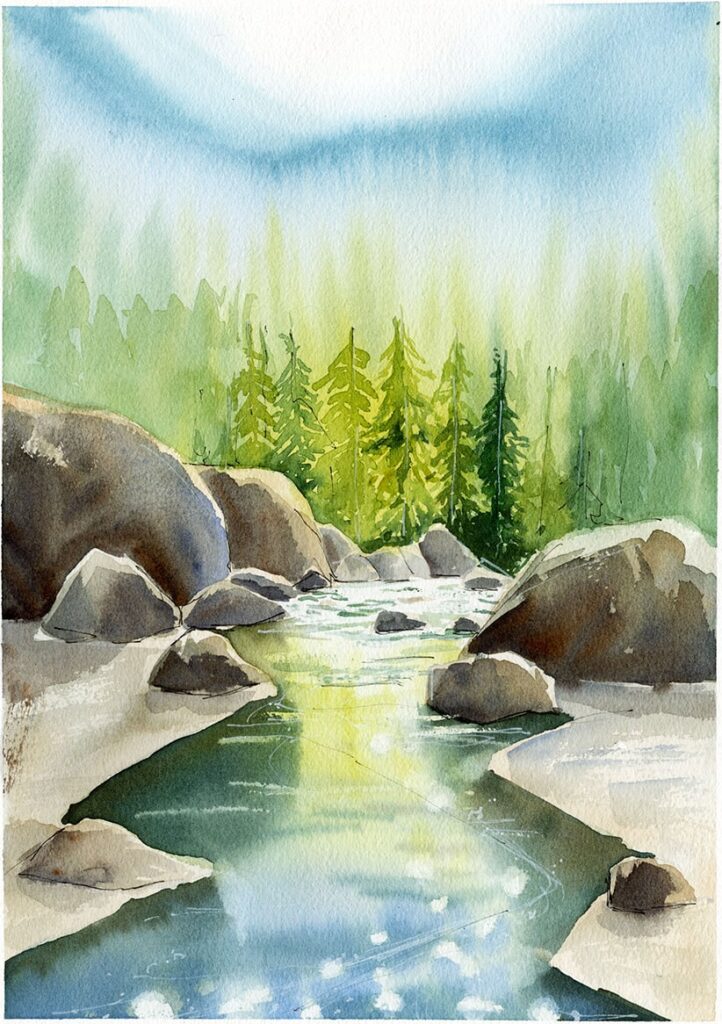 Paysage d'une rivière à la Réunion à l'aquarelle