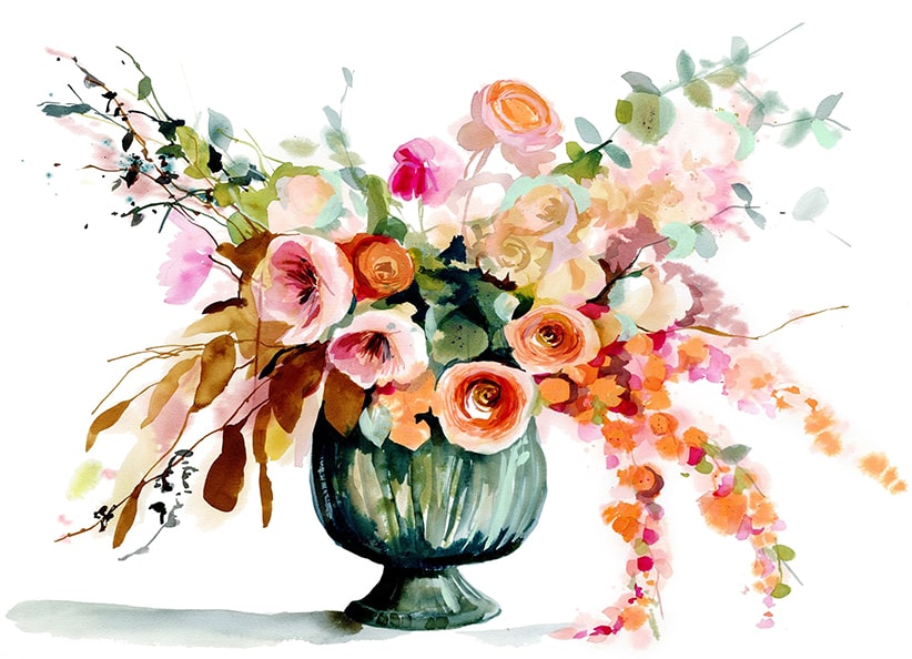 bouquet géant à l'aquarelle avec travail du flou et des ombres et lumières