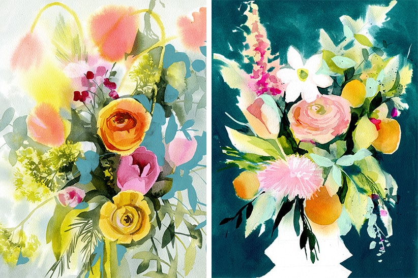 deux bouquets de fleurs à l'aquarelle avec des touches de gouache