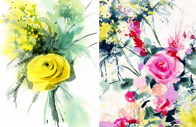 bouquet fleurs aquarelle avec utilisation de pinceaux spéciaux pour des effets de texture