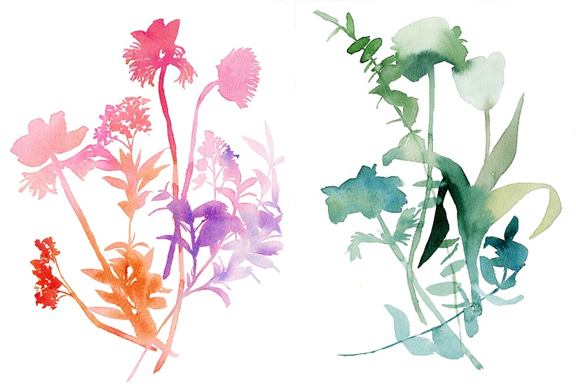 fleurs et feuillages en fusions à l'aquarelle avec une technique spécifique de papier humide