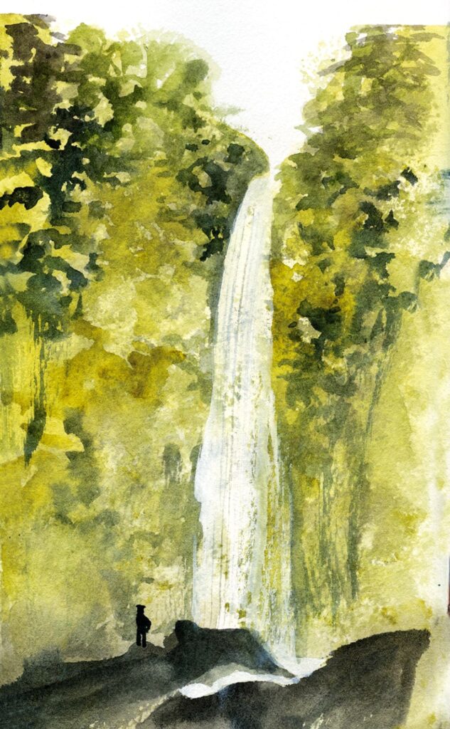 cascade à l'aquarelle avec personnage