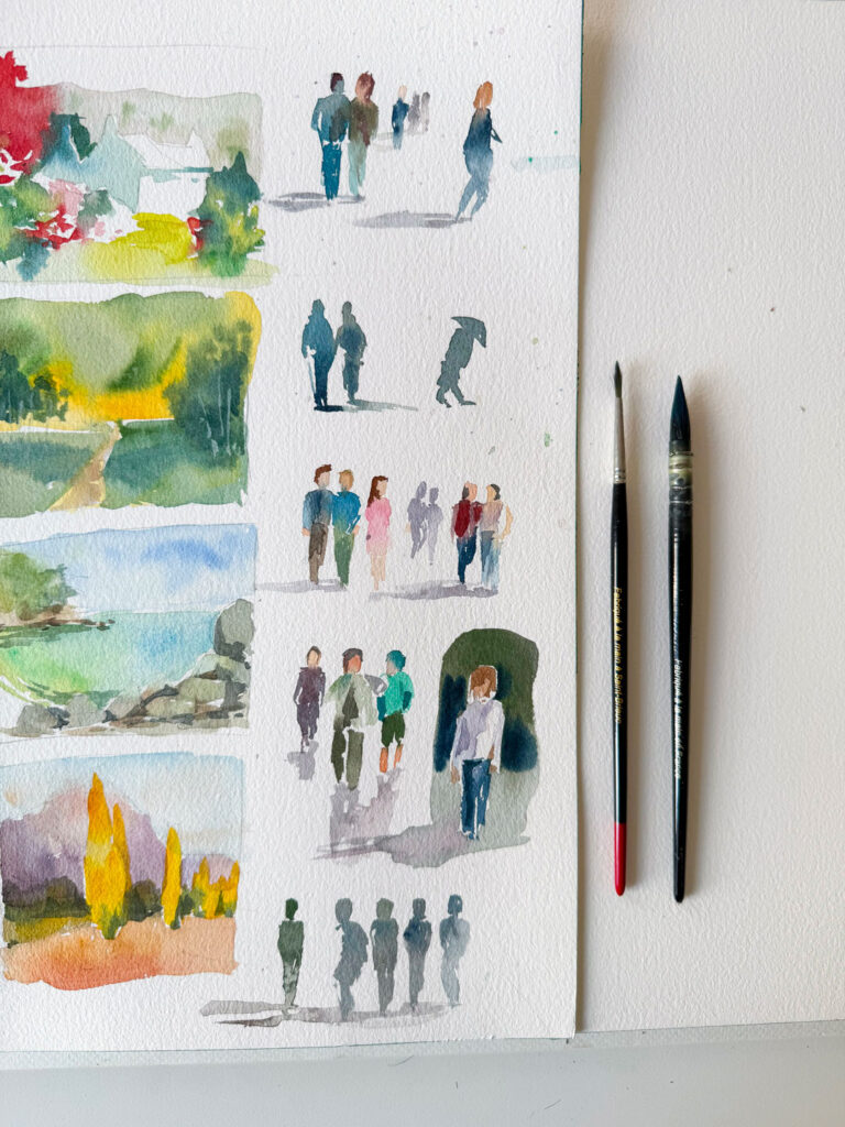 plusieurs essais de personnages à l'aquarelle
