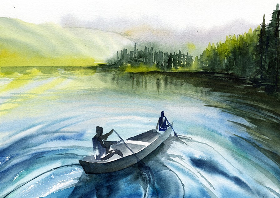 lac et forêt à l'aquarelle avec personnages dans une barque
