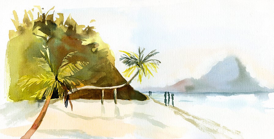 plage et palmiers à l'aquarelle