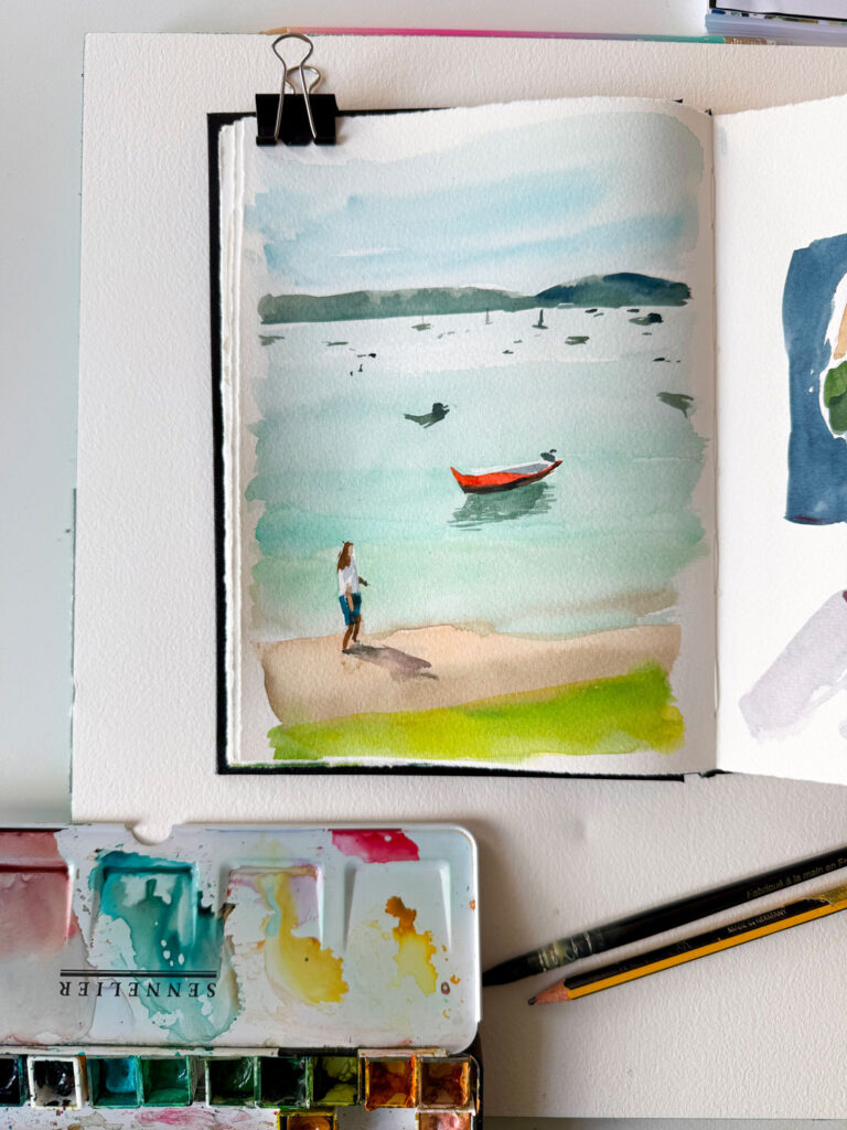 personnage au bord de la plage à l'aquarelle