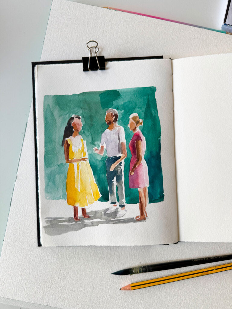 peinture à l'aquarelle de personnes qui discutent