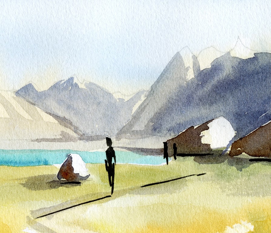 aquarelle de personnages à la montagne