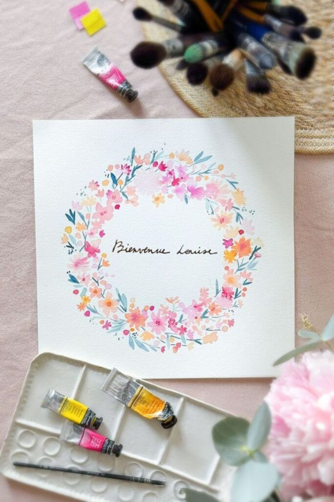cadeaux DIY aquarelle : couronne fleurie avec prénom