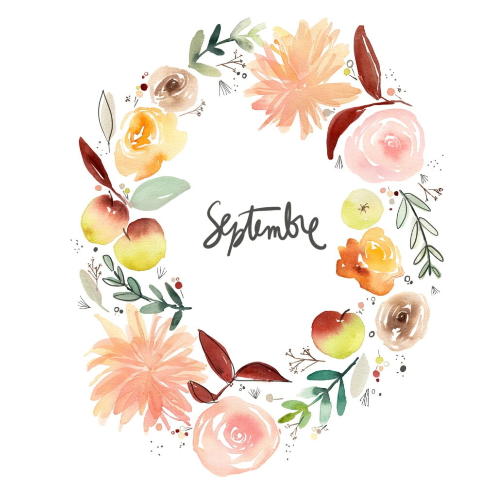 Couronne de fleurs et fruits d'automne à l'aquarelle