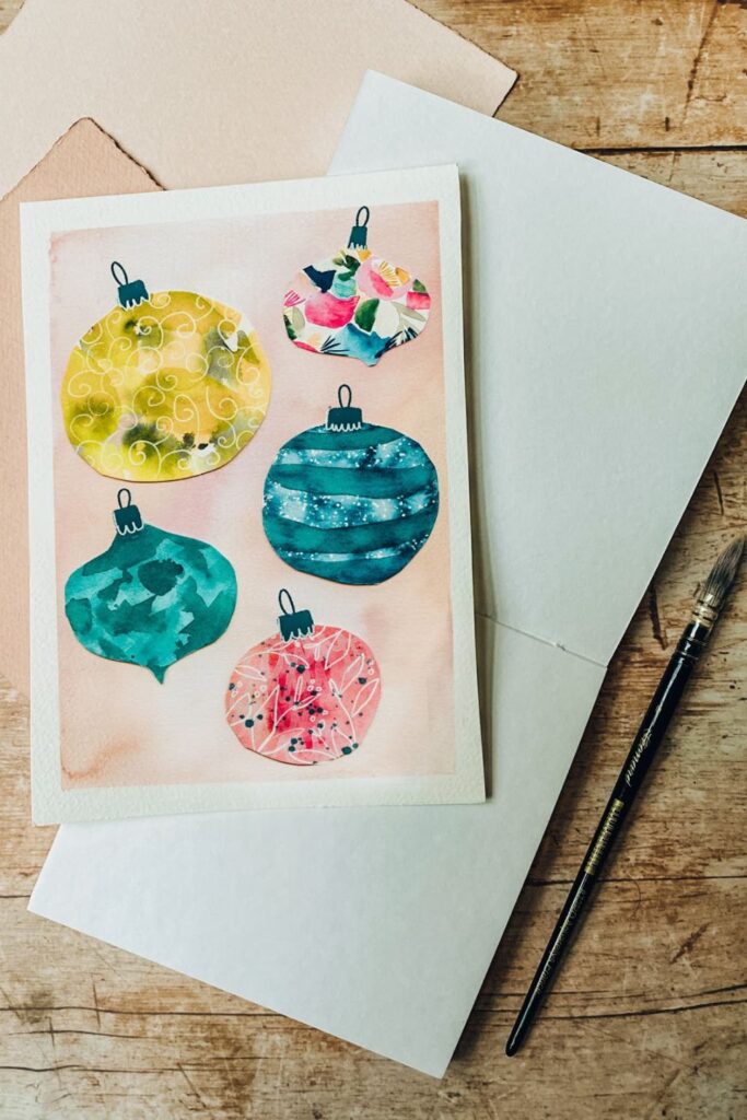 Cartes de voeux aquarelle boules de noël 