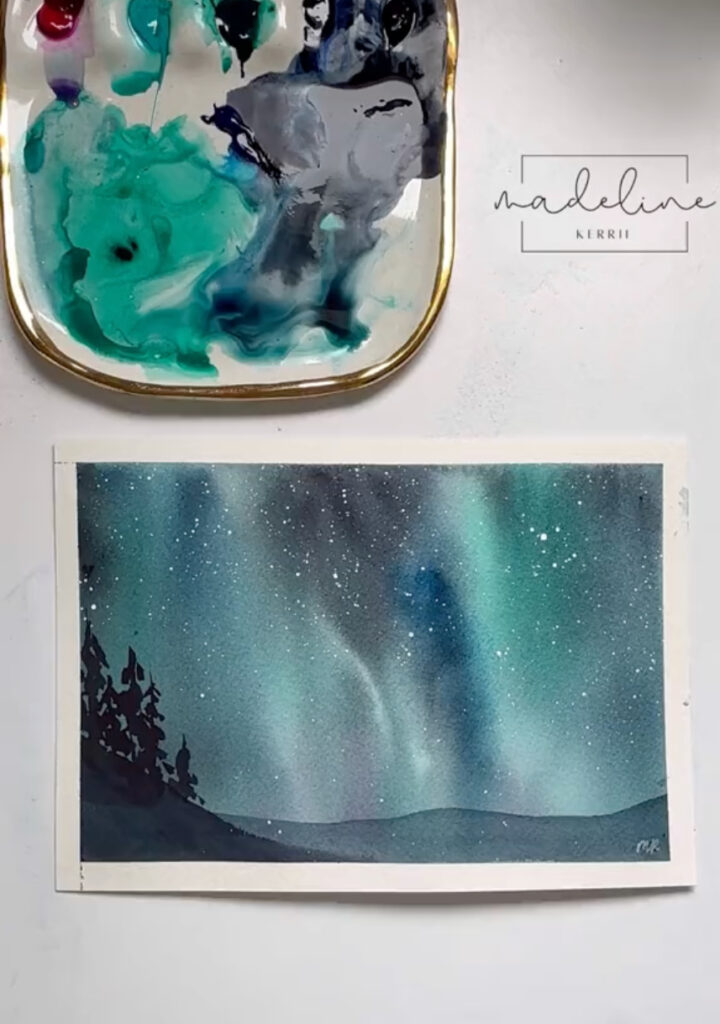 Inspirations d'hiver aquarelle : ciel étoilé et aurore boréale 