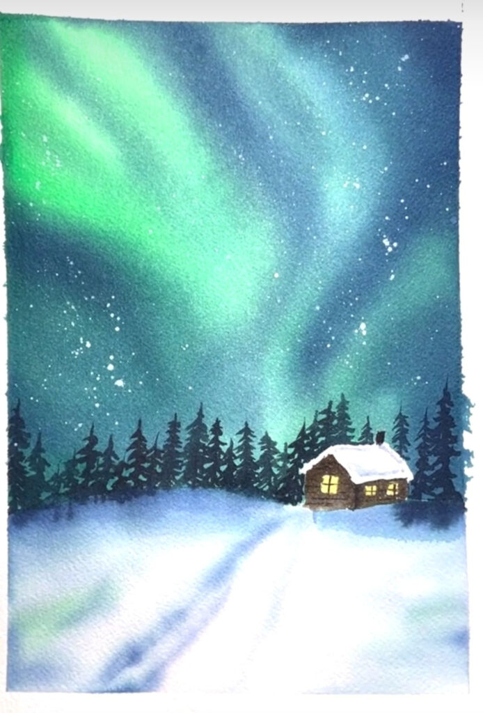 Inspirations d'hiver aquarelle : Paysage aurores boréales 