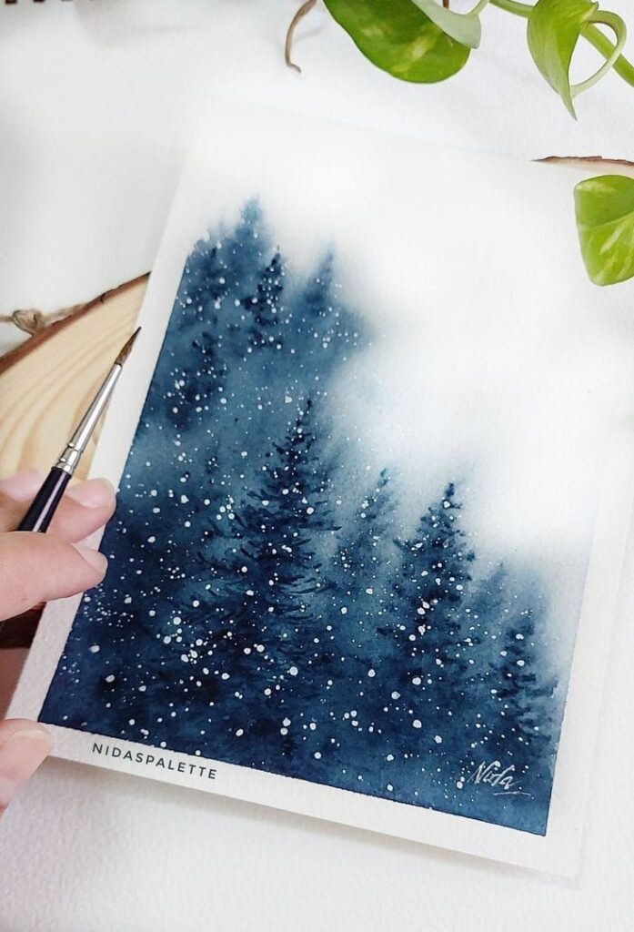Inspirations d'hiver aquarelle : Paysage d'hiver dans la brume