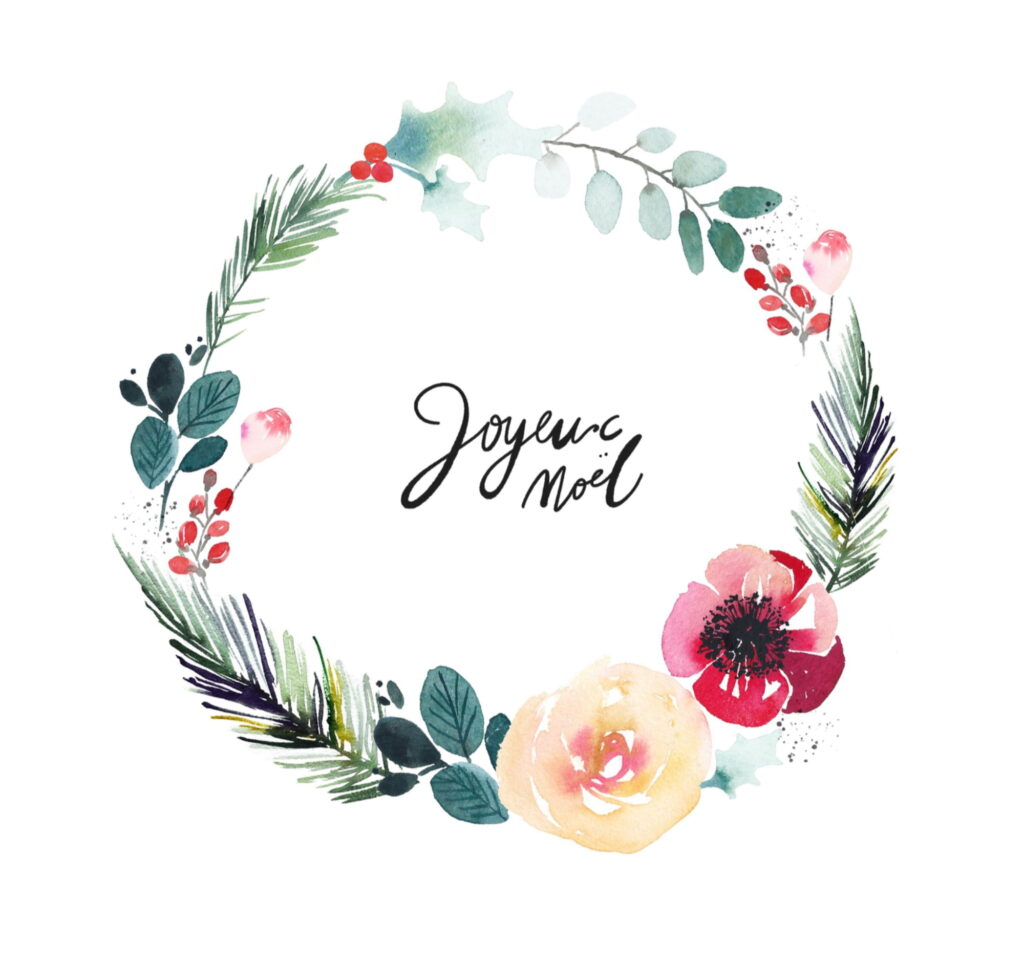 Idées de décorations de noel à. l'aquarelle : le marque place en forme de couronne fleurie