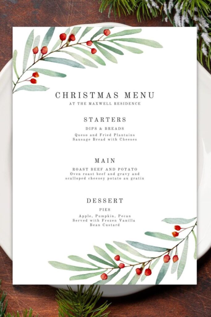 Idées de décorations de noël à l'aquarelle : le menu personnalisé 