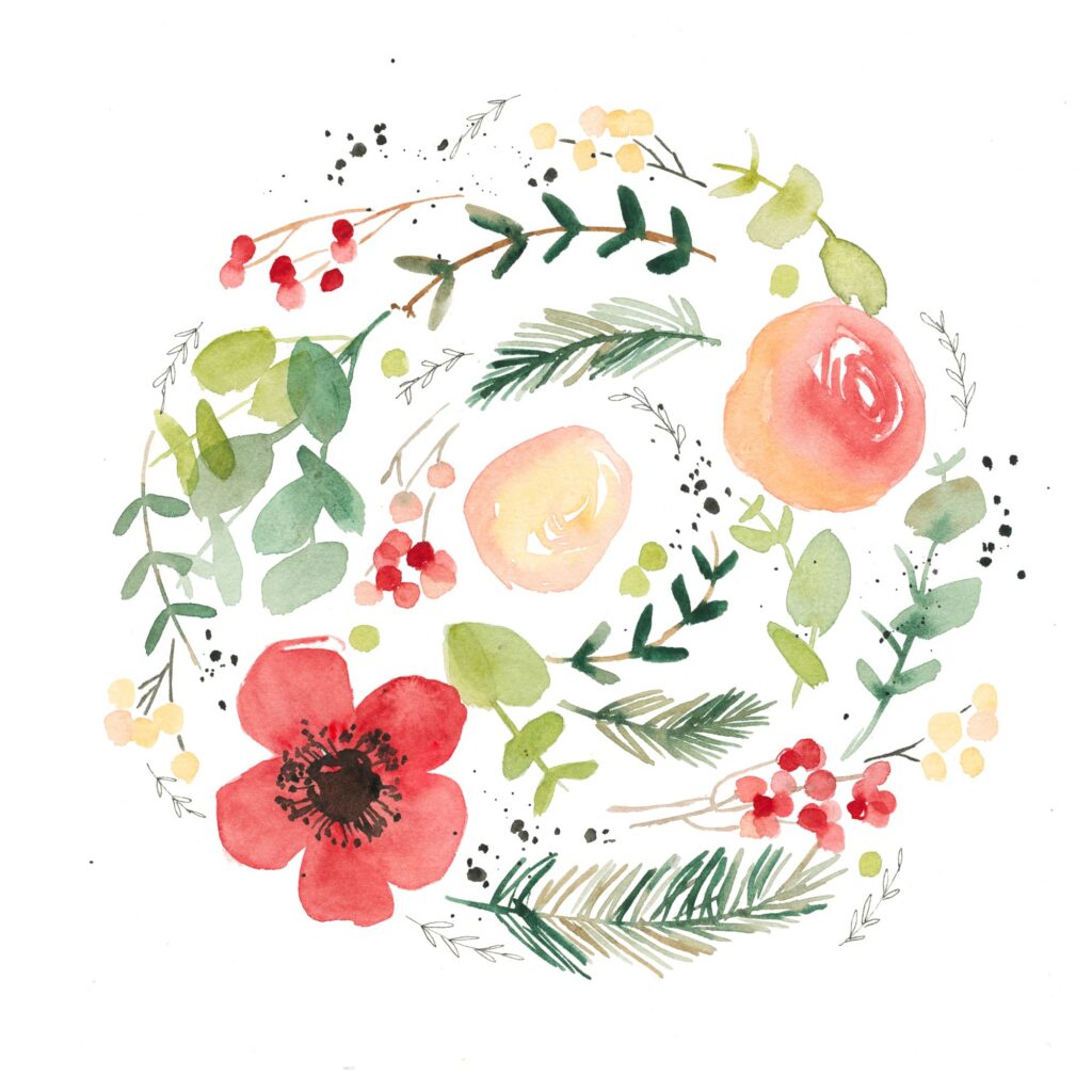 couronnes-fleurs-aquarelle-boule-hiver