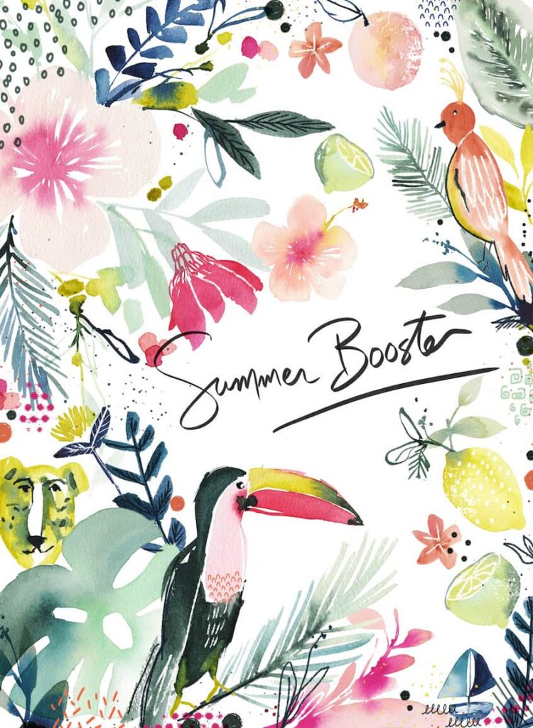 Affiche du stage d'aquarelle Summer Booster de Marie Boudon en 2020 : toucan, fleurs, fruits et végétaux en couleurs
