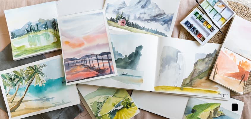 Les peintures aquarelles du stage Paysages Booster de Marie Boudon en 2021 : lac de montagne, palmiers à la plage, cascade, chalet en montagne...