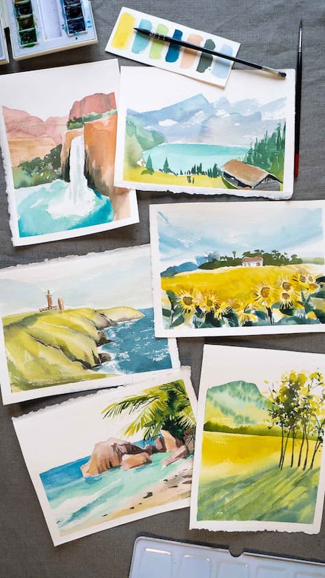Les aquarelles du stage Paysages Booster de Marie Boudon en 2022 : phare, cascade, lac de montagne, champ de tournesols, bosquet d'arbres