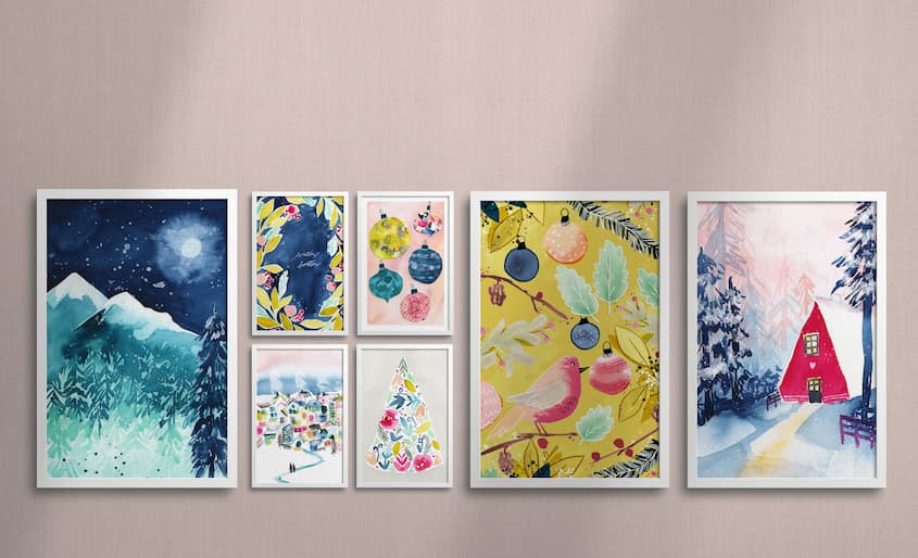 Les peintures du stage d'aquarelle Winter Booster de Marie Boudon en 2020 : paysages enneigés, couronne de fleurs et arbres de Noël