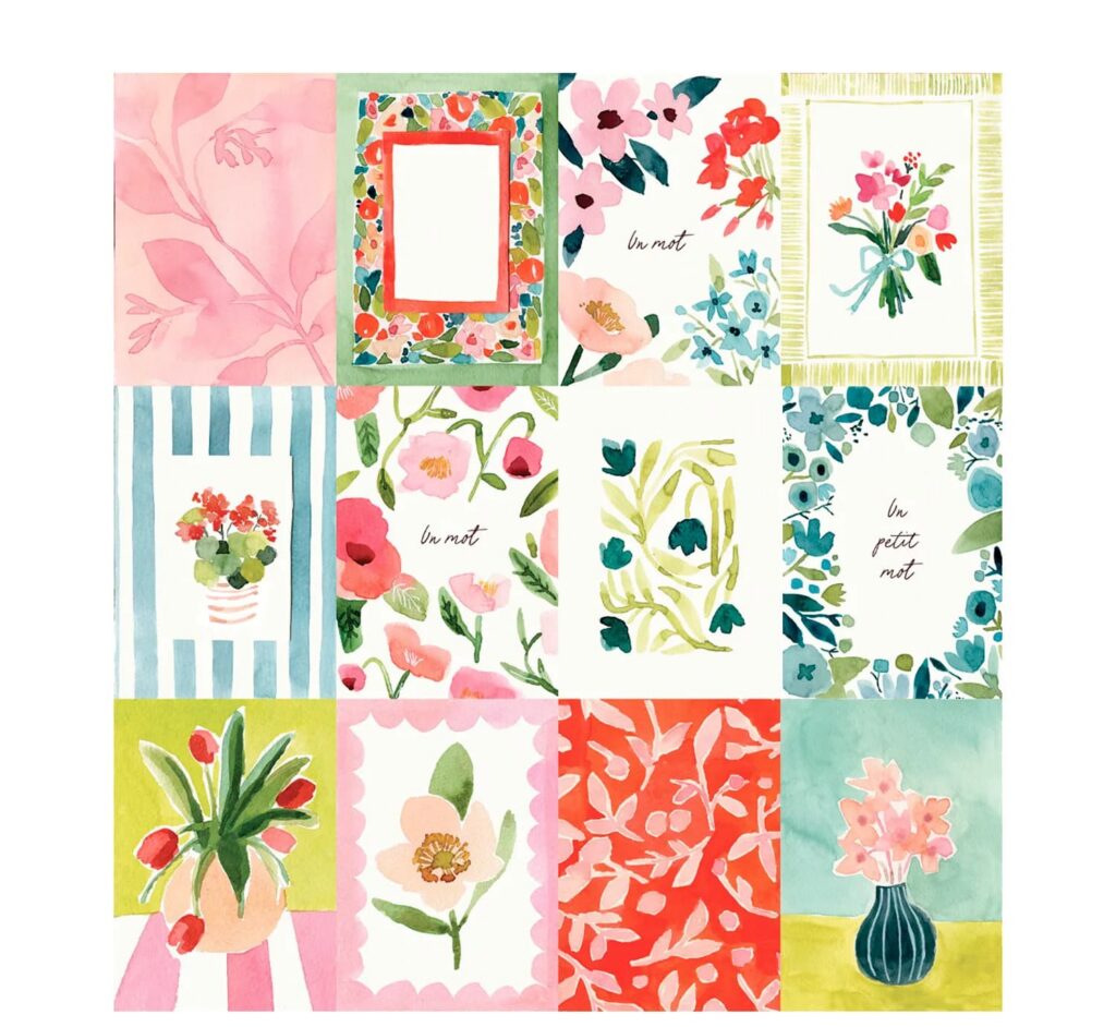 Collection de 12 cartes fleuries du kit “Je peins mes cartes à l’aquarelle”